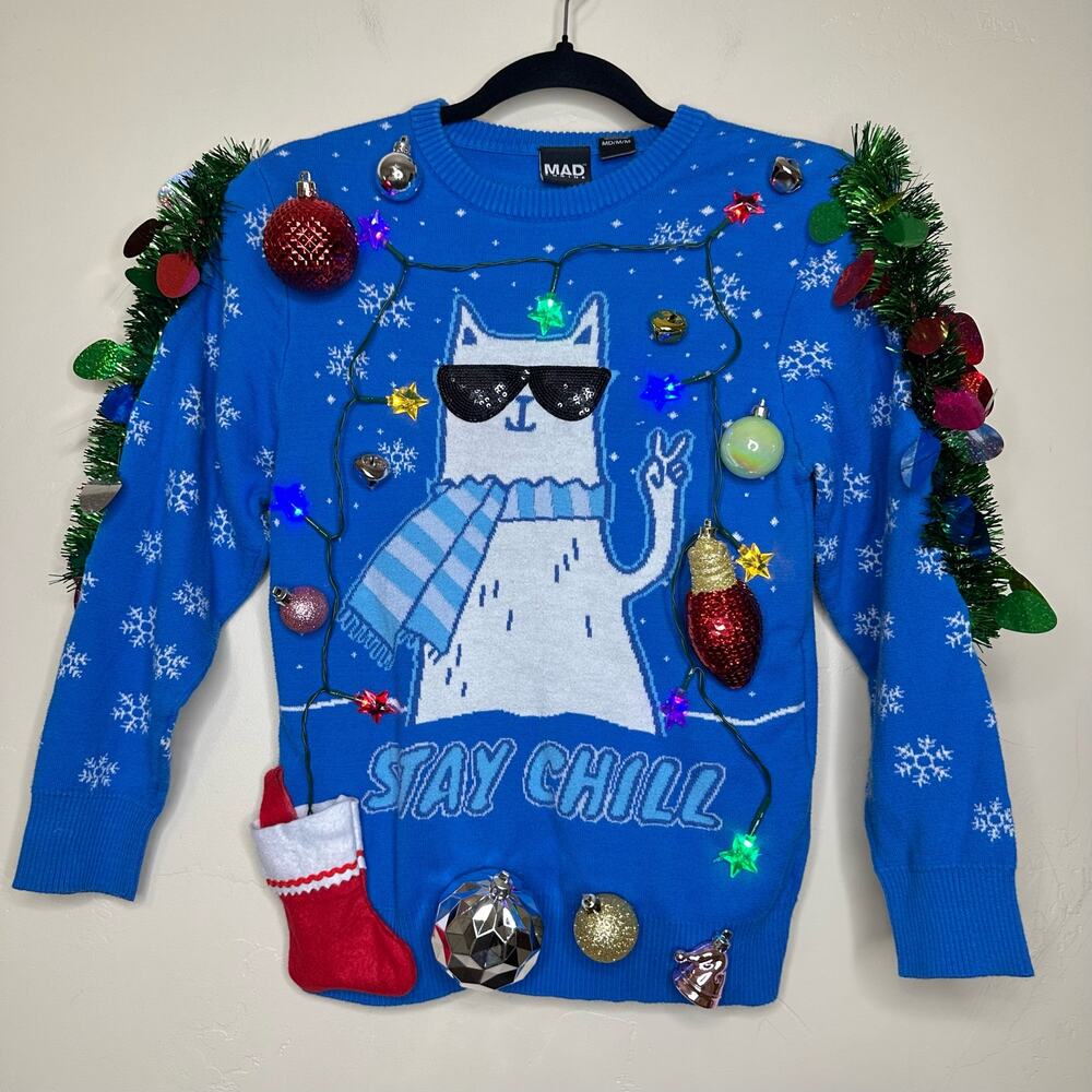 Ugly Christmas Sweater Cool Cat LIGHTS UP Tinsel Xmas Party Winner Kids Medium